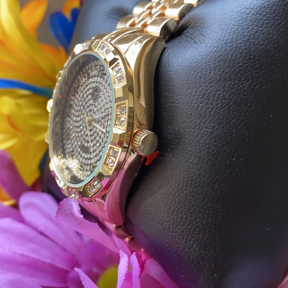 NEW* MEN GOLD BIG FACE CLASSY ICY WATCH CUBAN - Picture 4 of 7